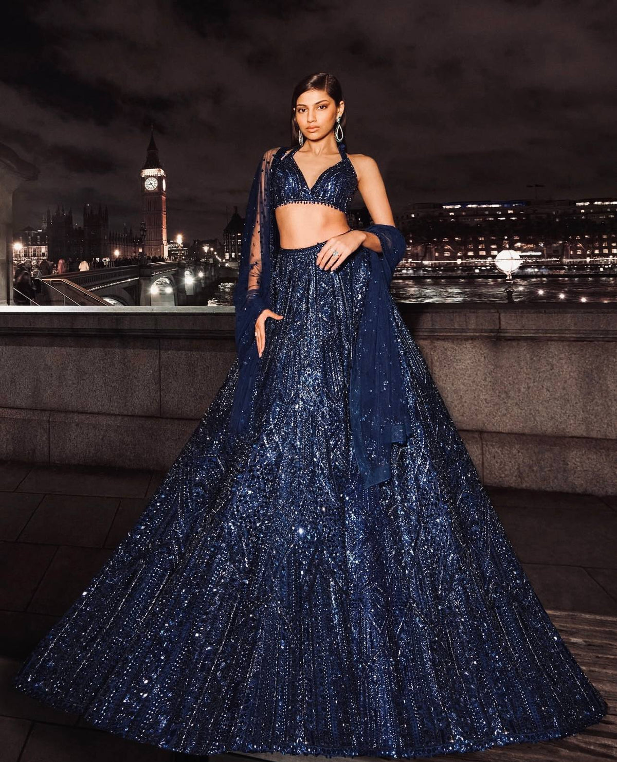 Blue Net Sequins Work Designer Lehenga Choli