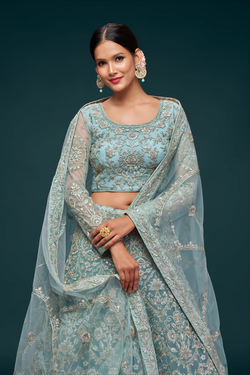 Sky Blue Heavy Designer Embroidered Lehenga Choli