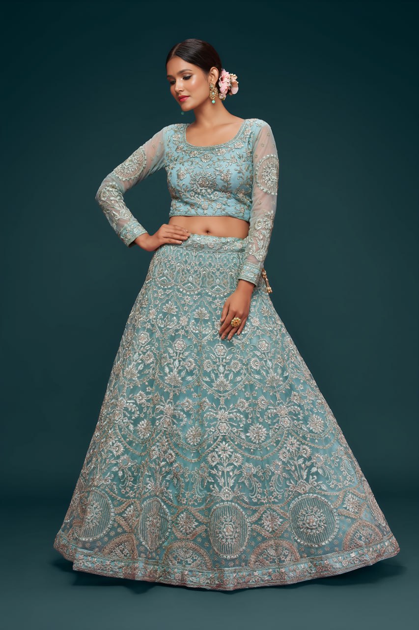 Sky Blue Heavy Designer Embroidered Lehenga Choli