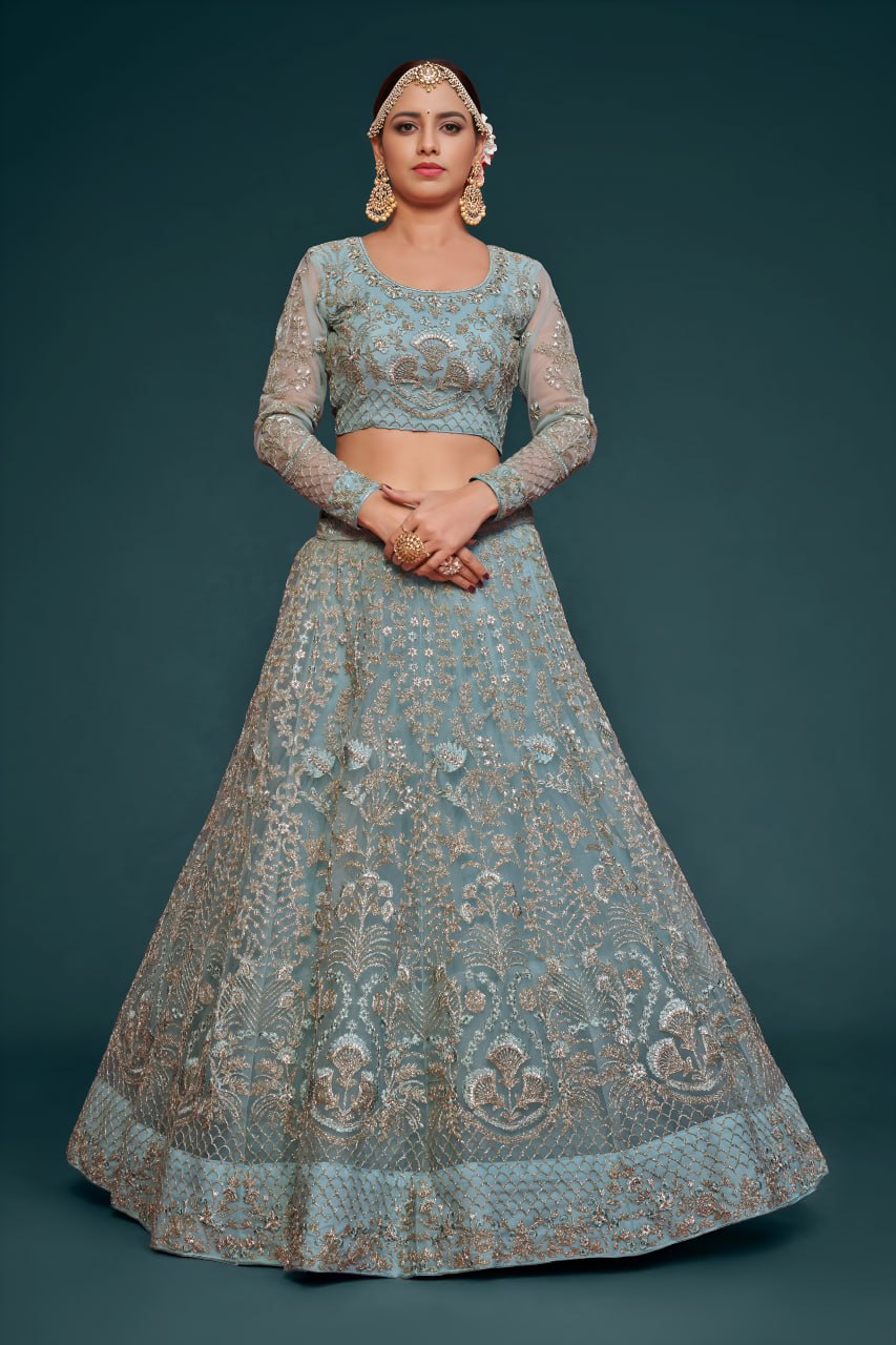 Pastel Aqua Color Heavy Embroidered Lehenga Choli