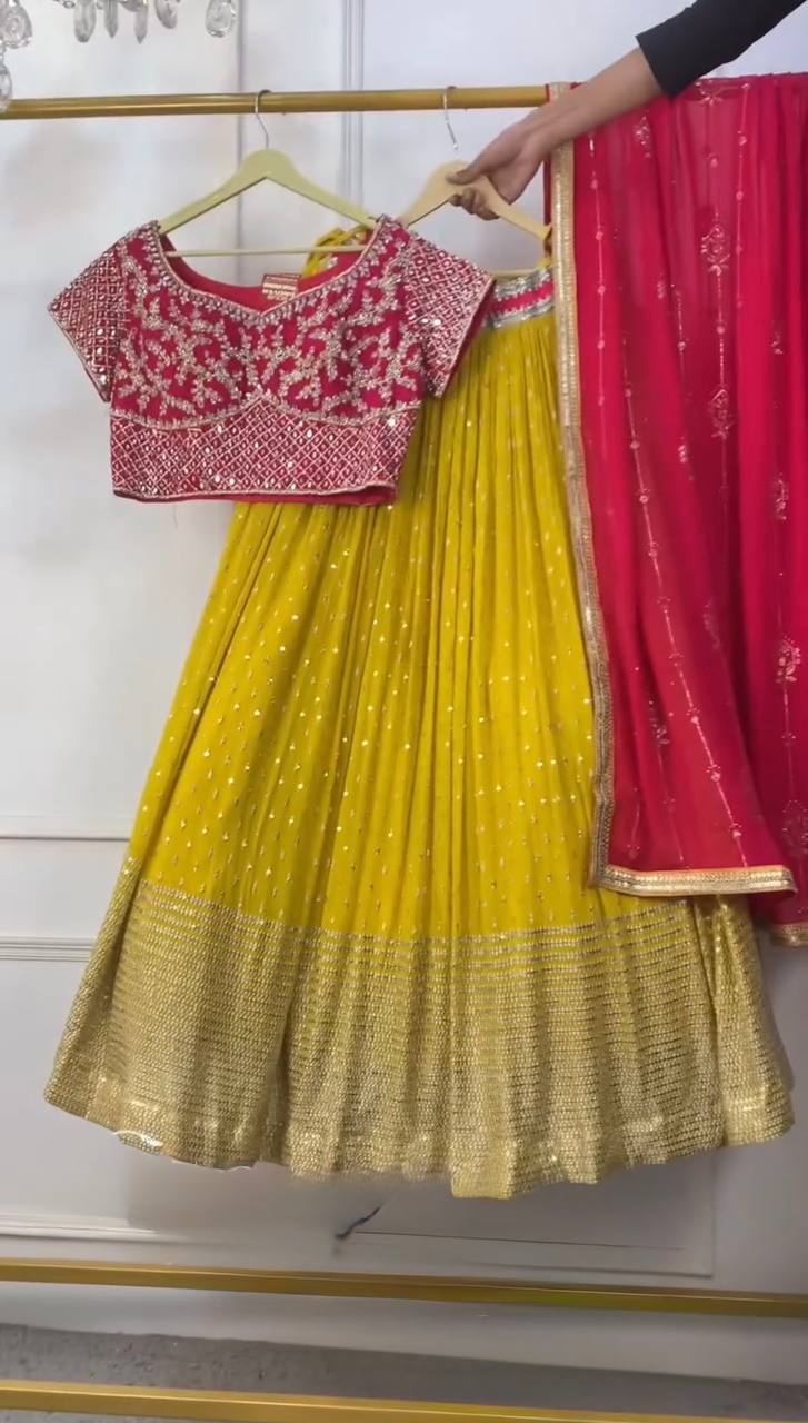 Pink & Yellow Faux Georgette Embroidered Lehenga Choli