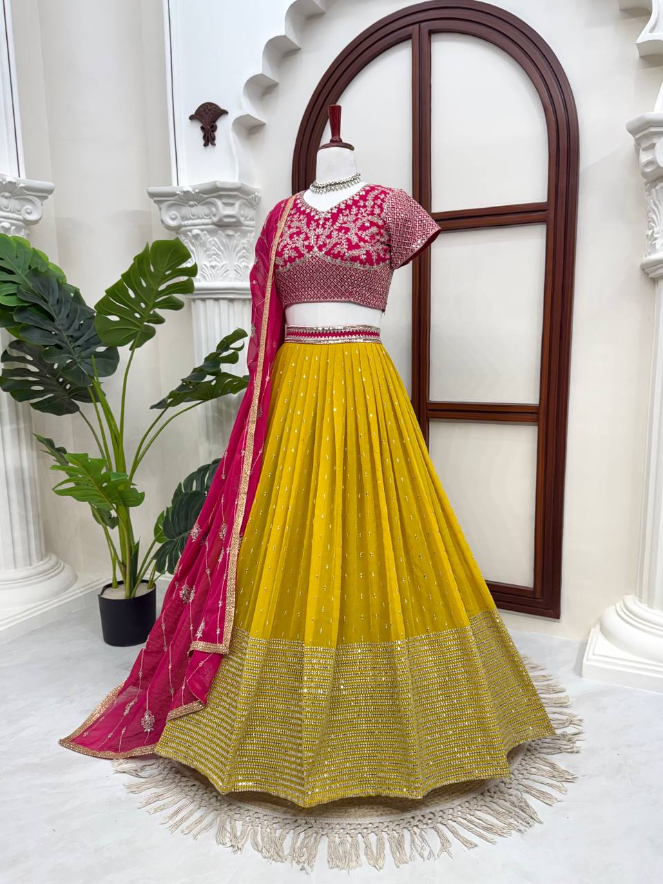 Pink & Yellow Faux Georgette Embroidered Lehenga Choli