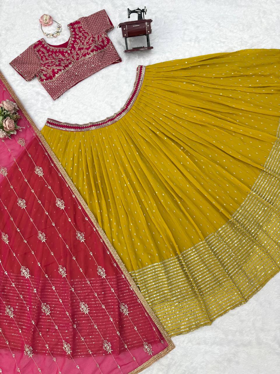 Pink & Yellow Faux Georgette Embroidered Lehenga Choli