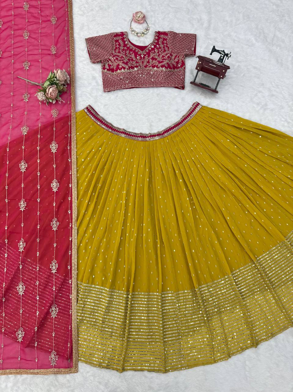 Pink & Yellow Faux Georgette Embroidered Lehenga Choli