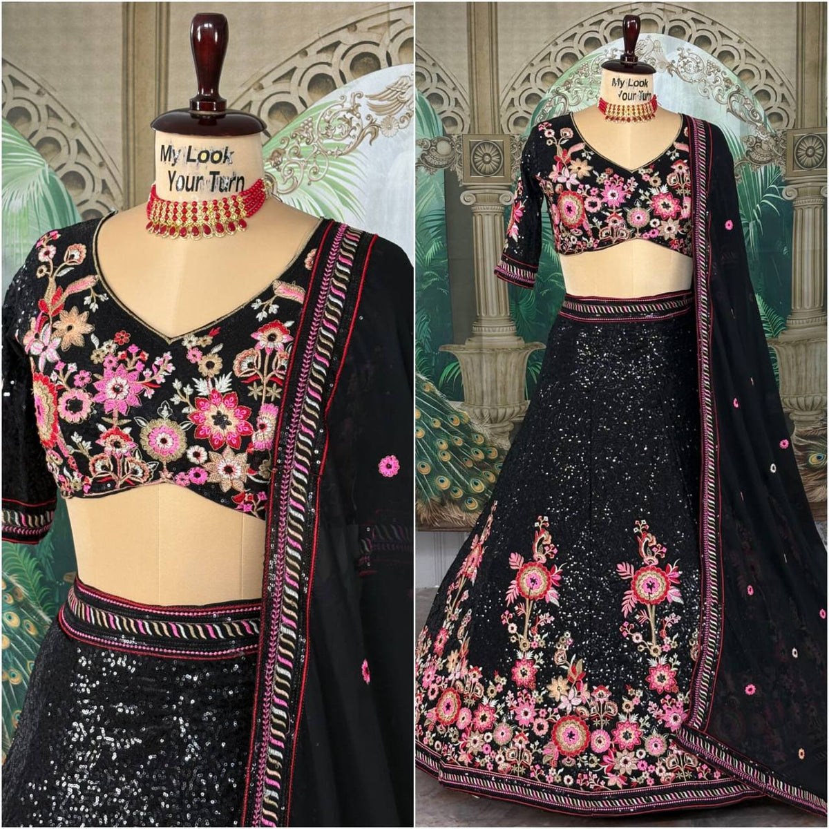 Black Faux Georgette Embroidered Lehenga Choli