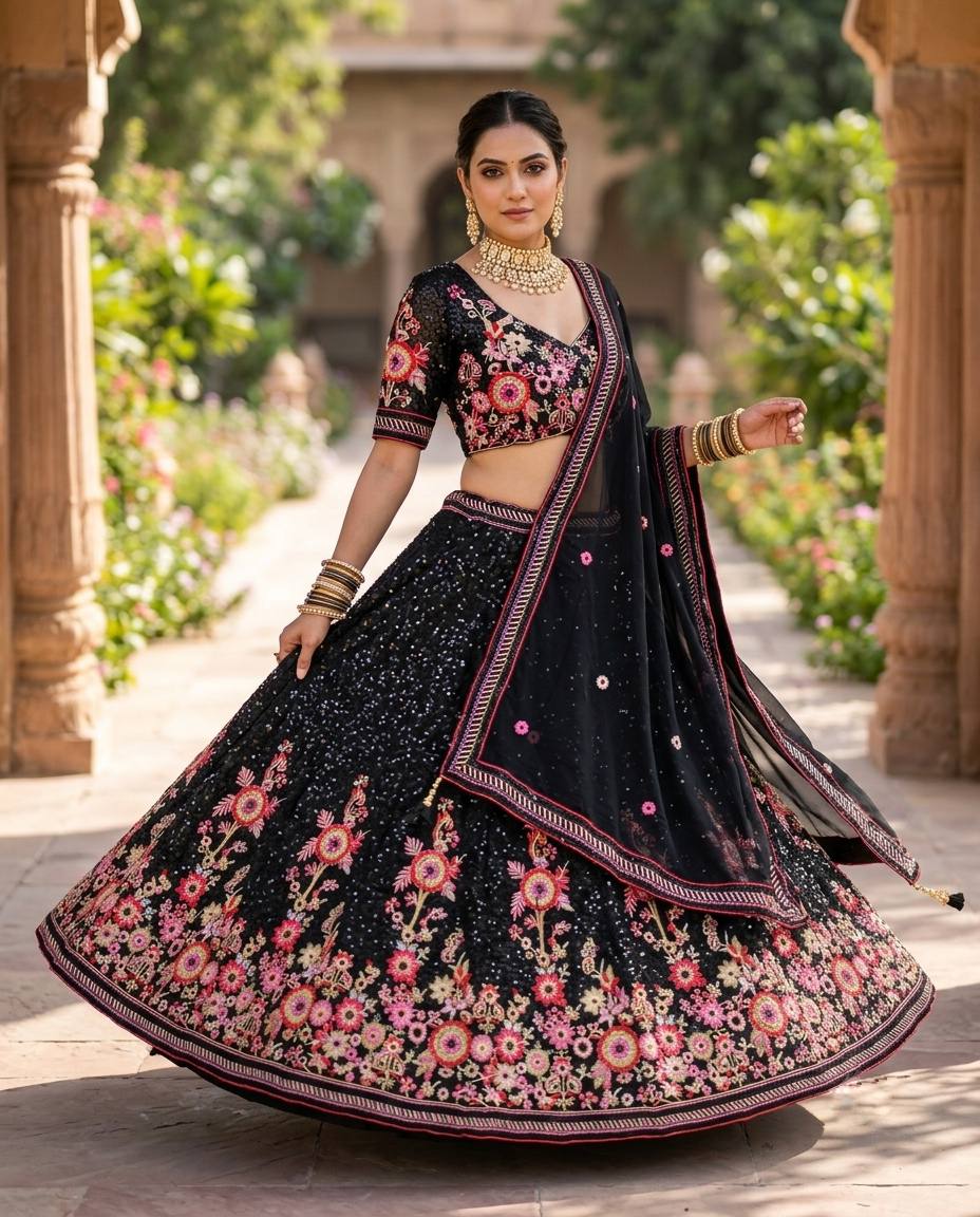 Black Faux Georgette Embroidered Lehenga Choli