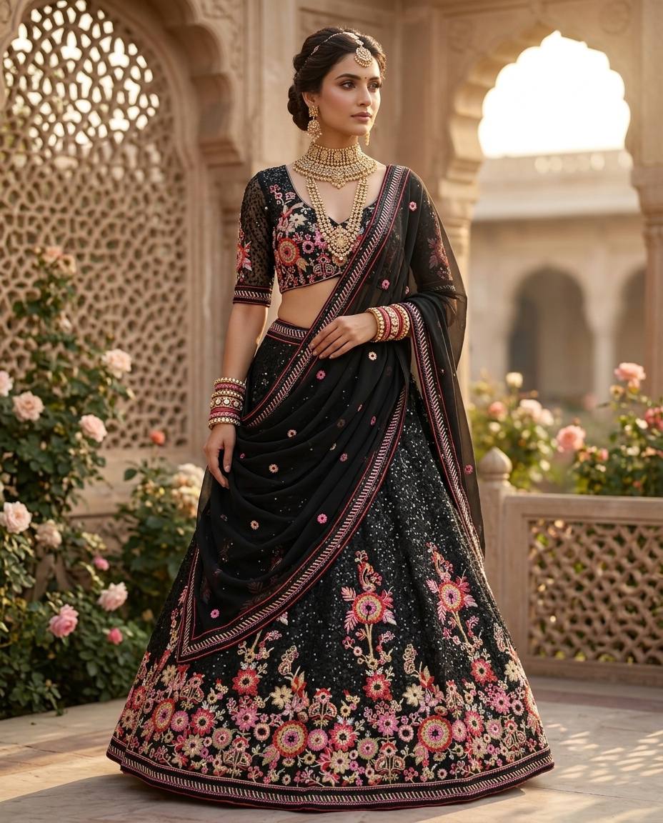 Black Faux Georgette Embroidered Lehenga Choli