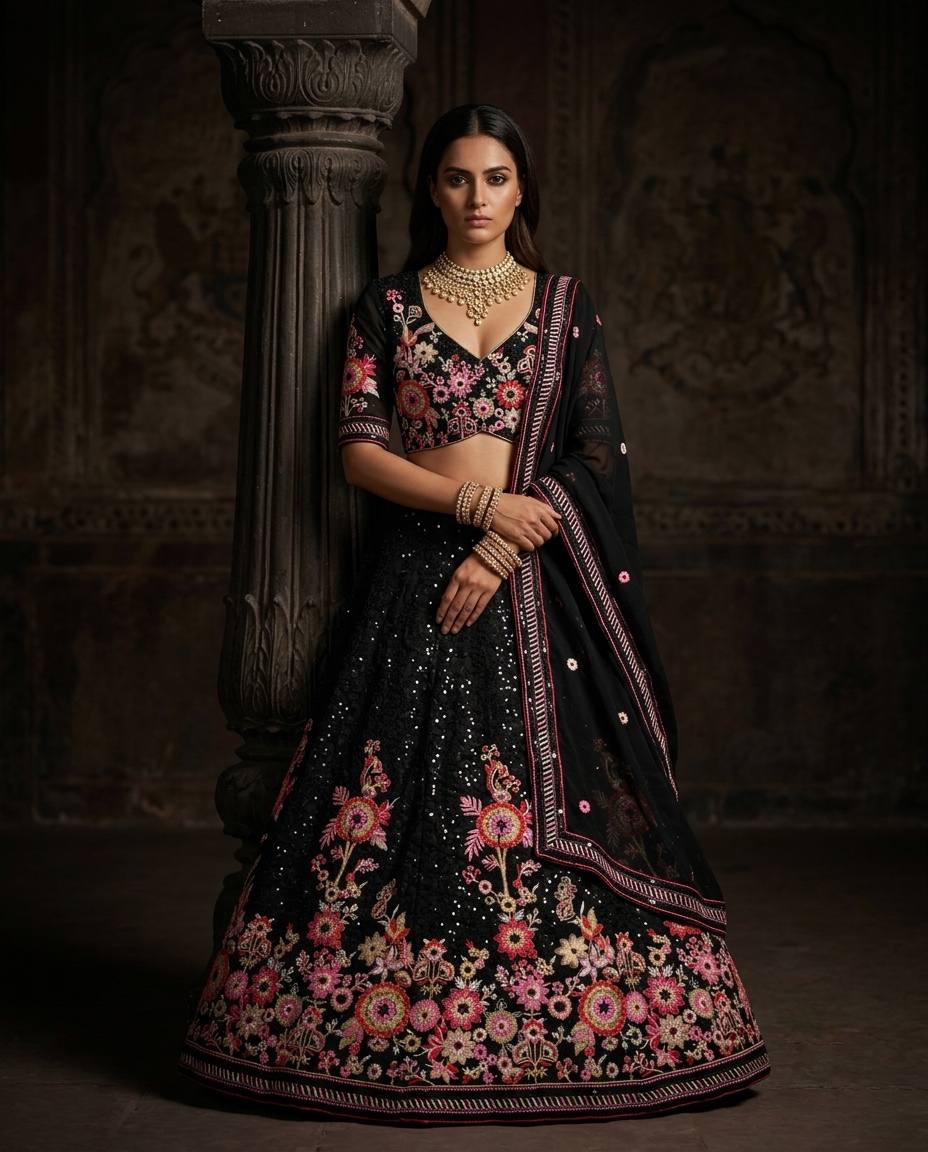 Black Faux Georgette Embroidered Lehenga Choli