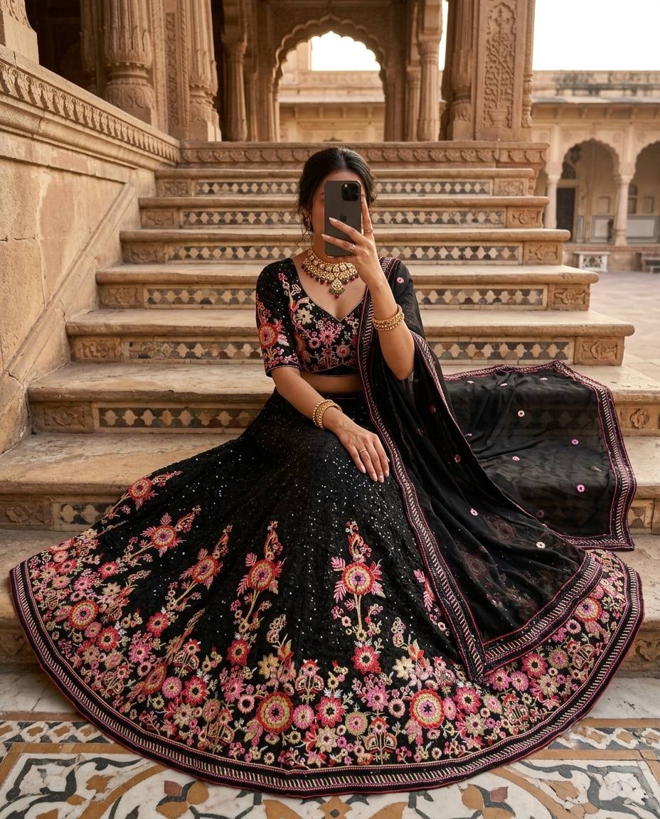 Black Faux Georgette Embroidered Lehenga Choli