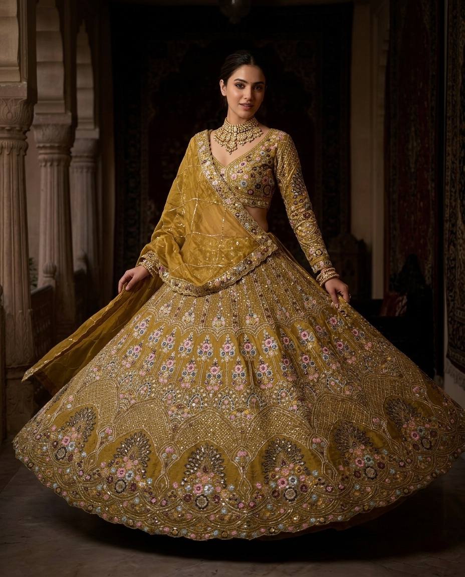 Elegant Yellow Color Gold Crush Embroidered Lehenga Choli