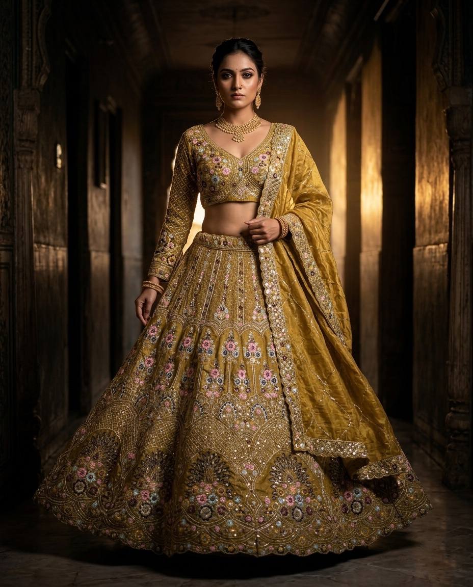 Elegant Yellow Color Gold Crush Embroidered Lehenga Choli