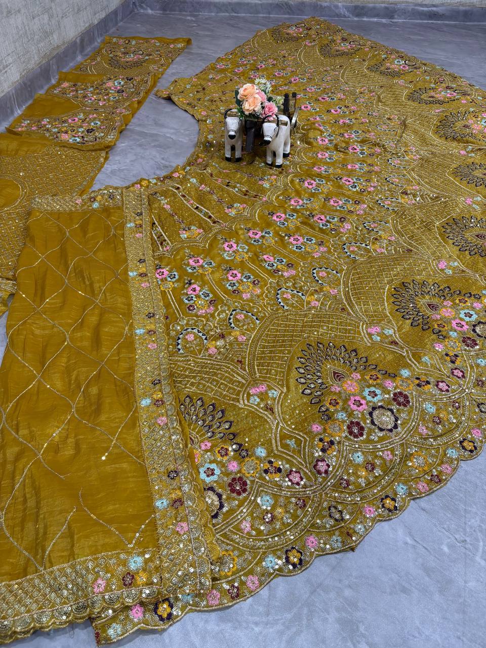 Elegant Yellow Color Gold Crush Embroidered Lehenga Choli