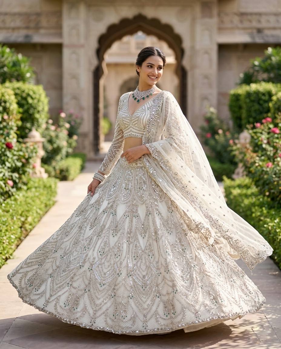 Luxurious White Coding Sequins Stone Lehenga Choli