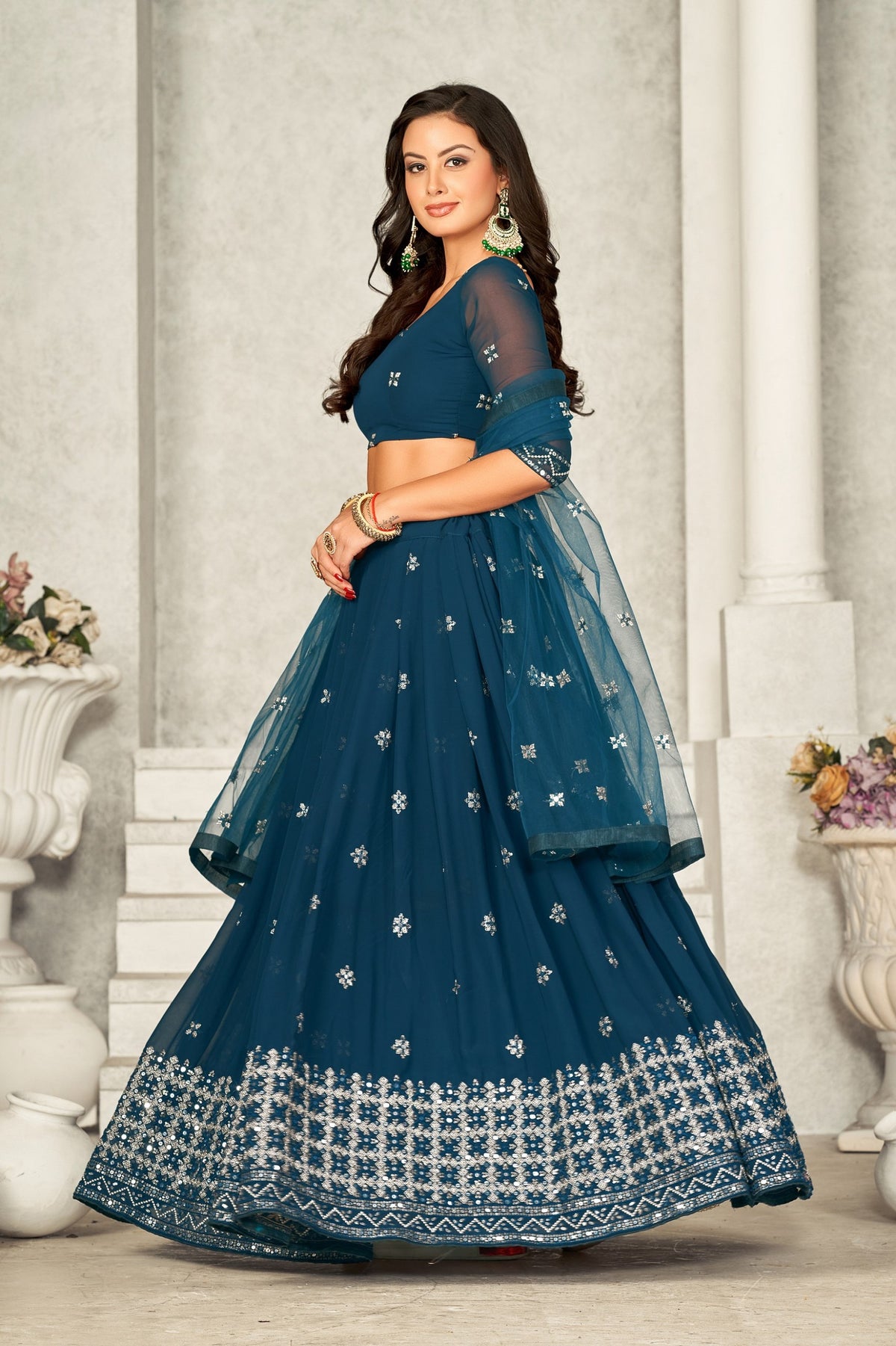 Stunning Rama Green Embroidered Georgette Lehenga Choli