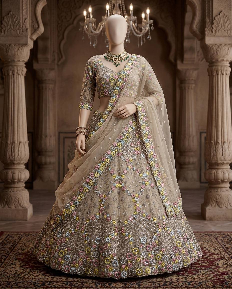 Elegant Cream Sequins EmbroideredLehenga Choli