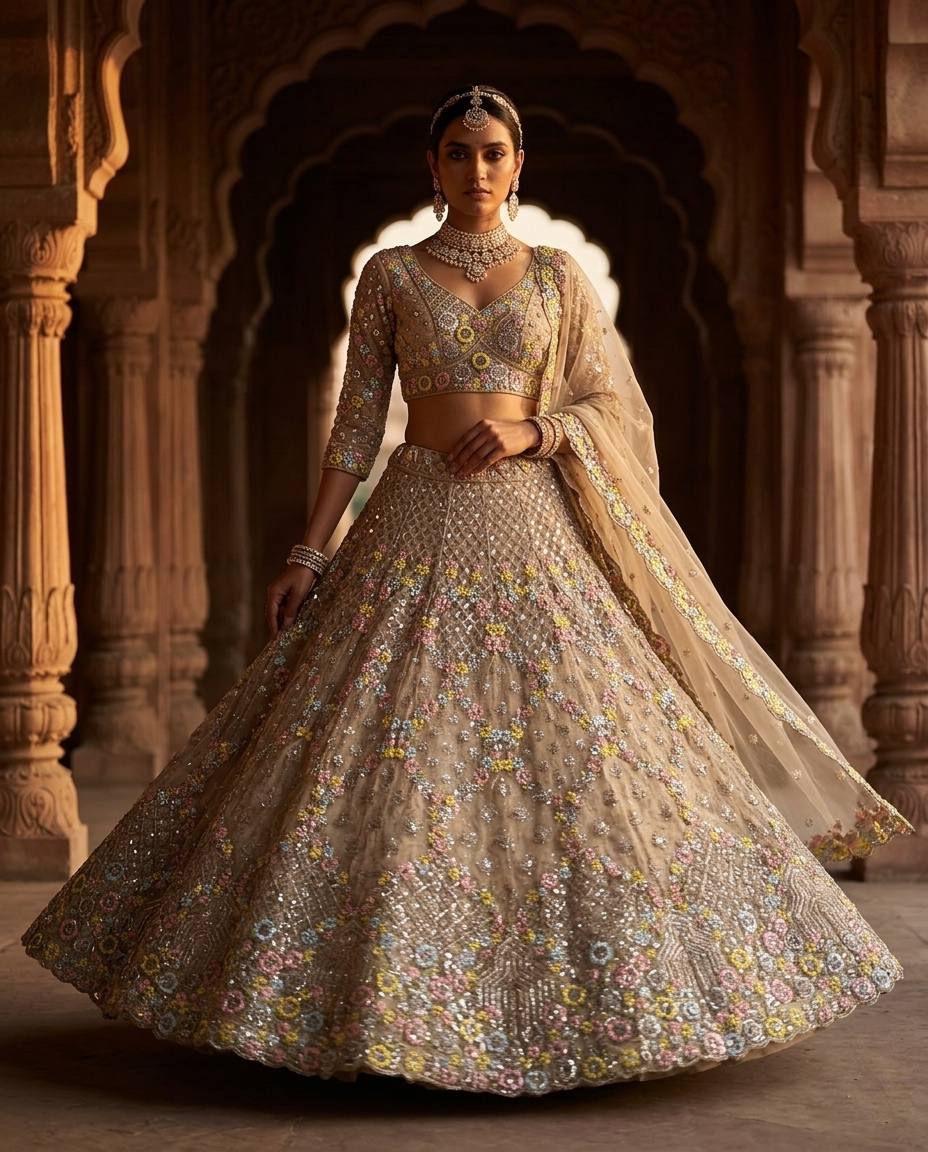 Elegant Cream Sequins EmbroideredLehenga Choli