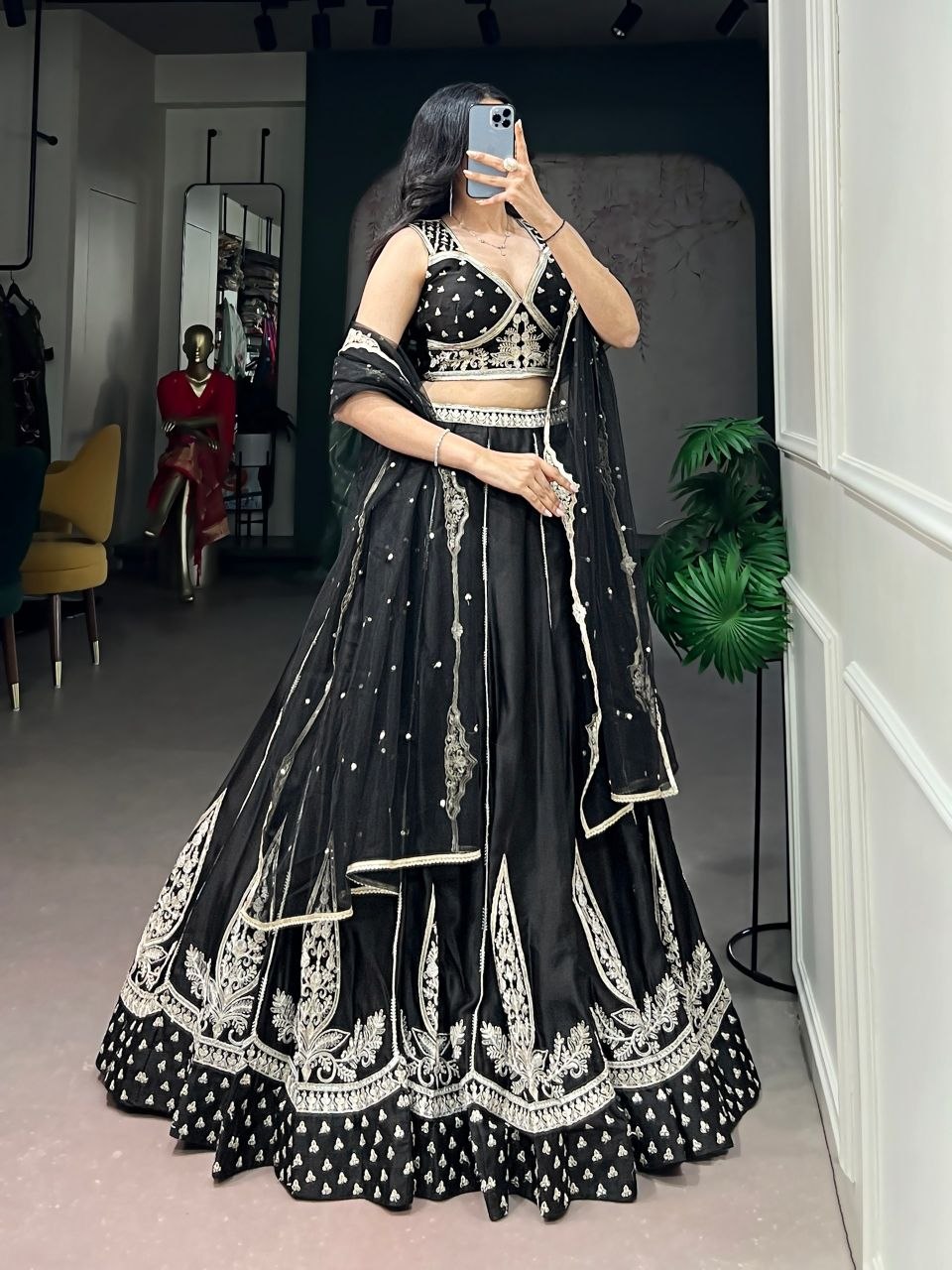 Stunning Black Embroidered Naysha Silk Lehenga Choli