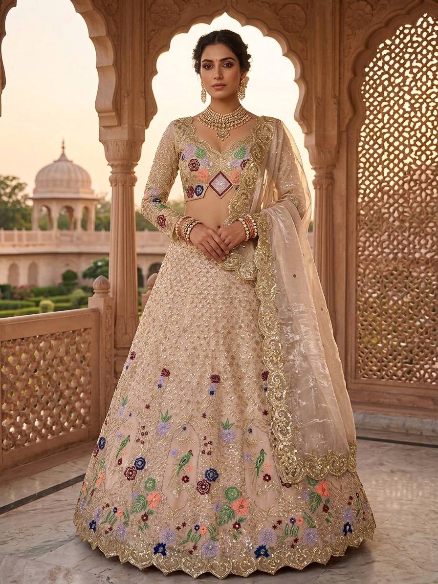 Elegant Cream Sequins Embroidered Lehenga Choli
