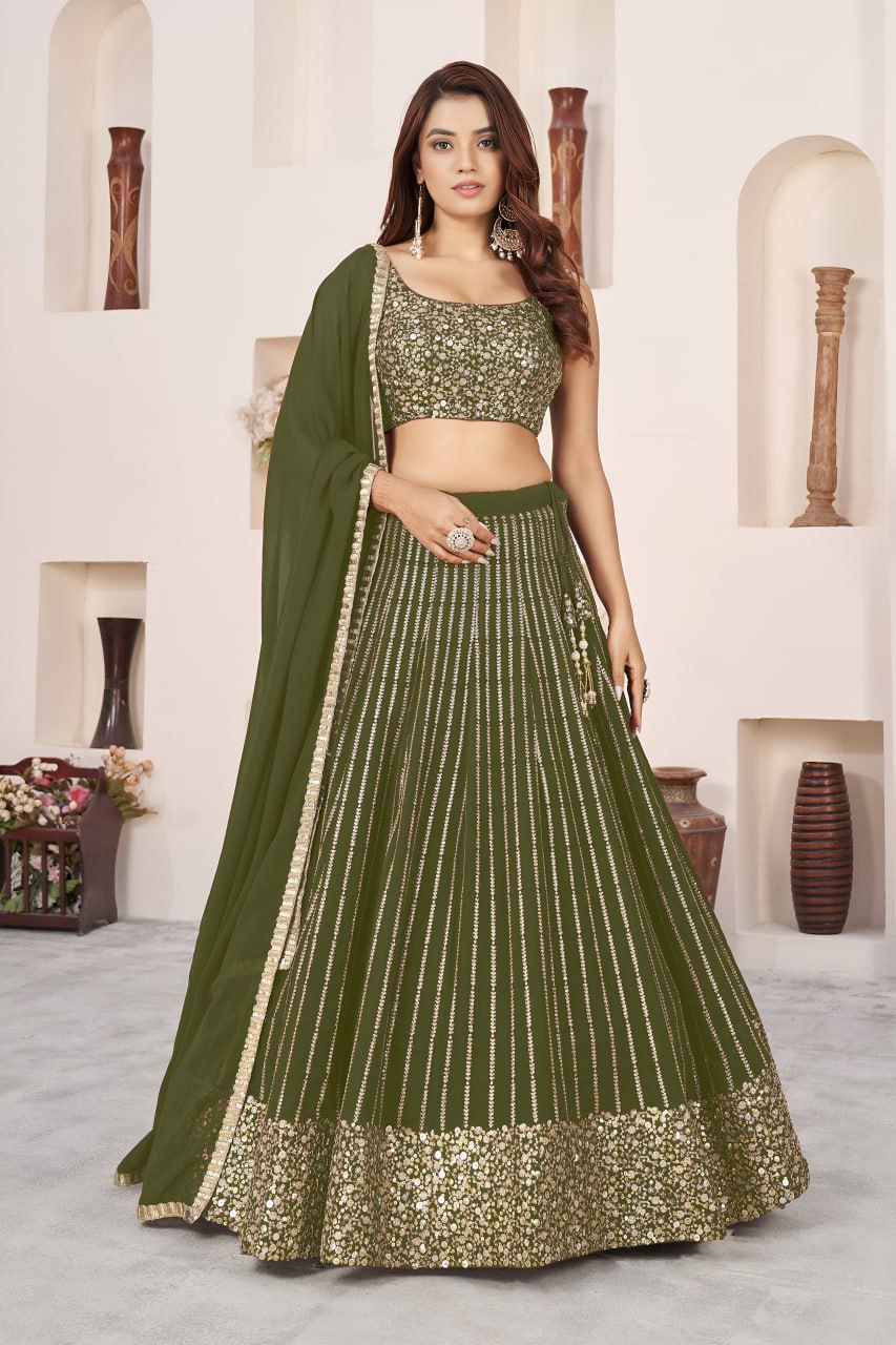 Elegant Olive Green Embroidered Georgette Lehenga Choli