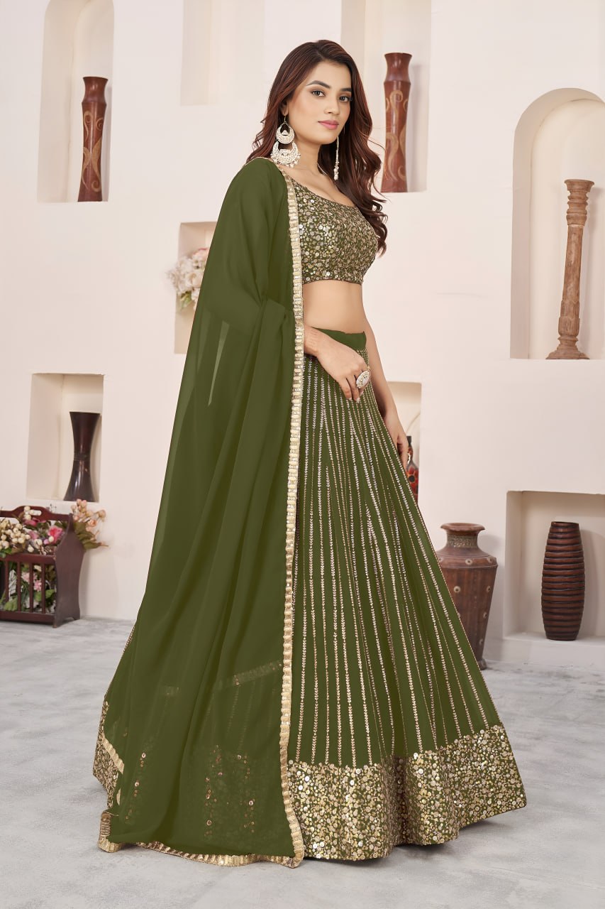 Elegant Olive Green Embroidered Georgette Lehenga Choli