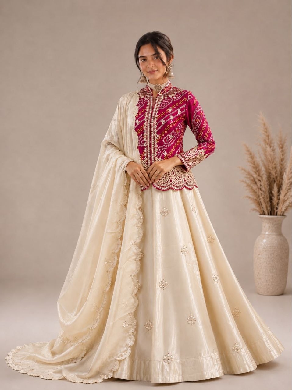 Elegant Pink & White Embroidered Lehenga with Designer Jacket