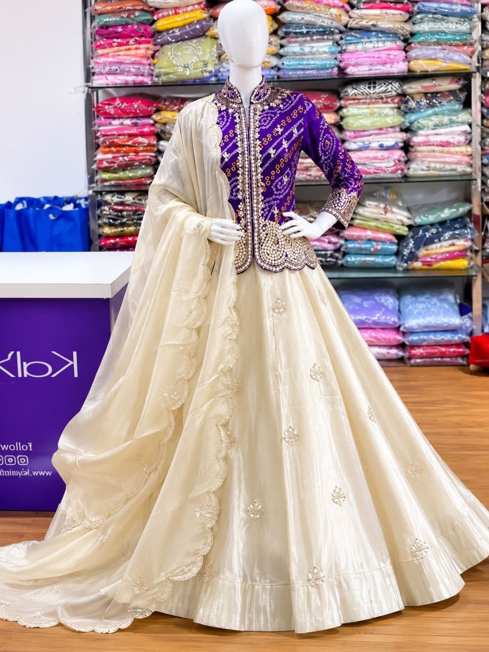 Royal Blue & White Embroidered Lehenga with Designer Jacket