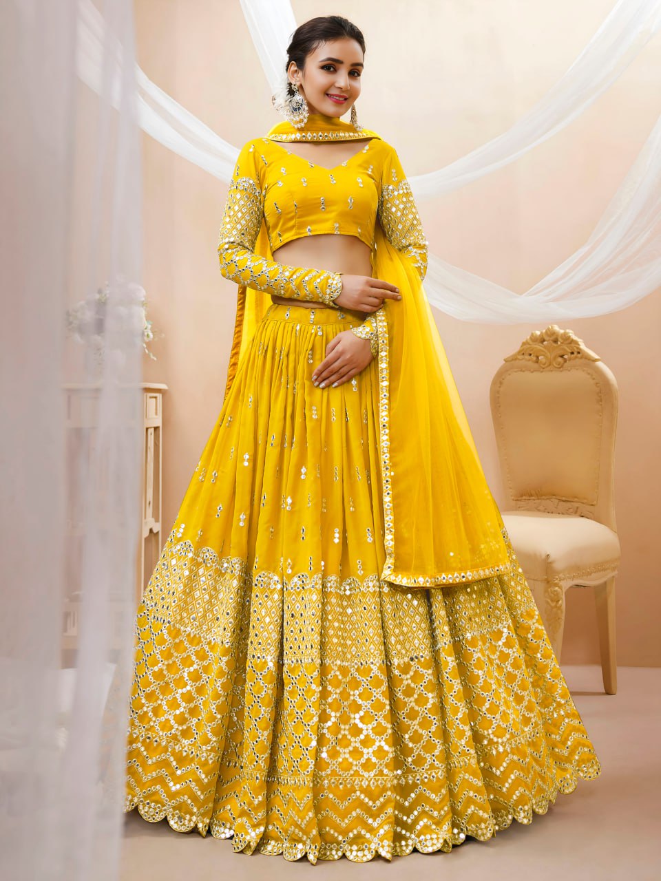 Yellow Color Sequins & Zari Georgette Semi-Stitched Lehenga Set
