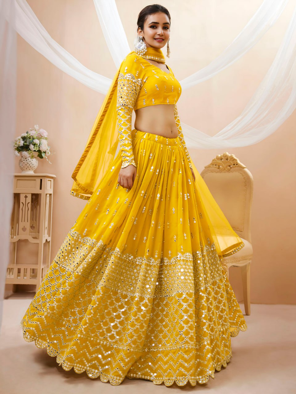 Yellow Color Sequins & Zari Georgette Semi-Stitched Lehenga Set