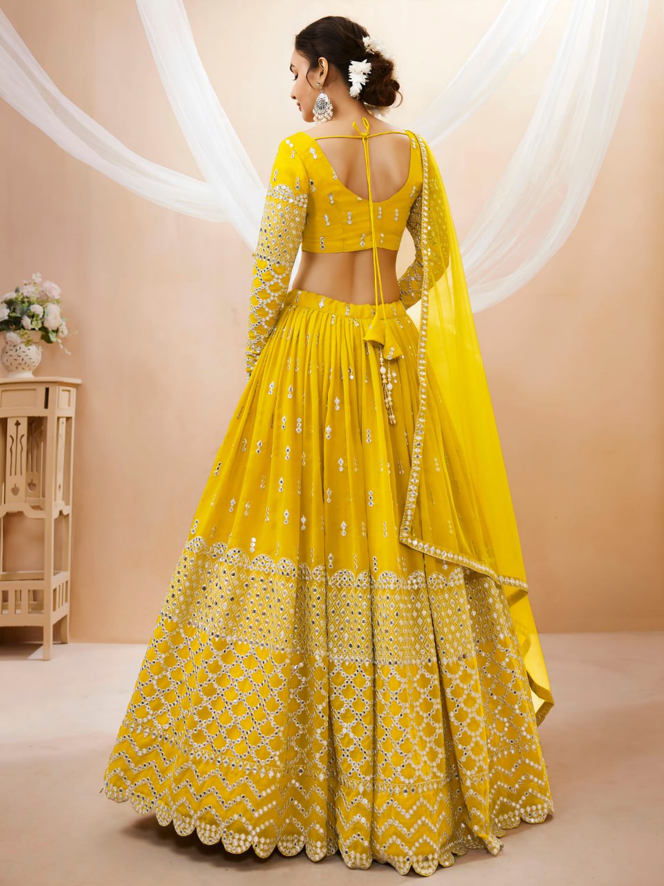 Yellow Color Sequins & Zari Georgette Semi-Stitched Lehenga Set