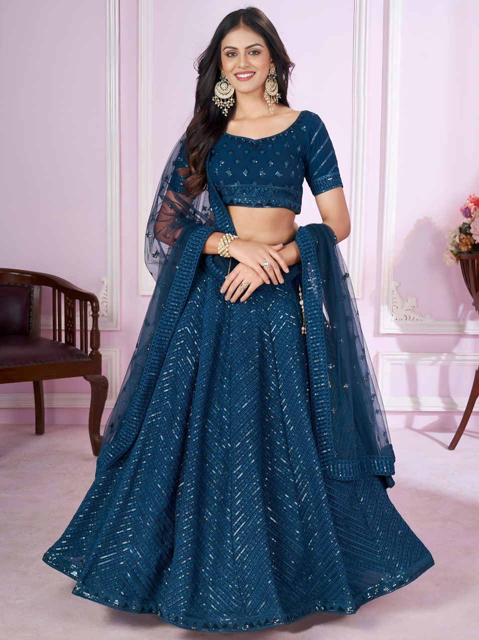 Buy Teal Blue Sequins Embroidered Lehenga Choli Online