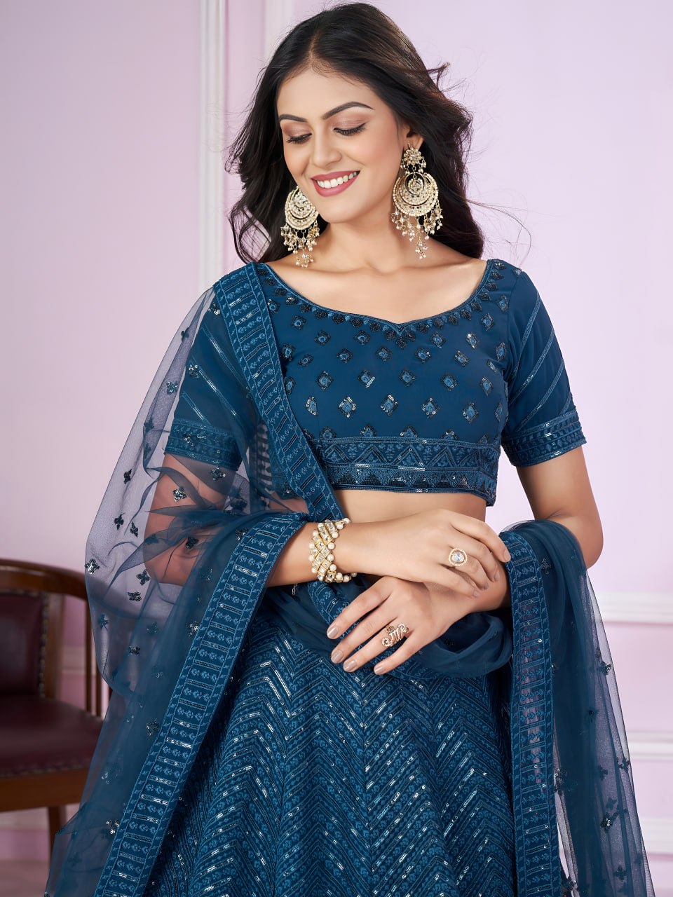 Buy Teal Blue Sequins Embroidered Lehenga Choli Online