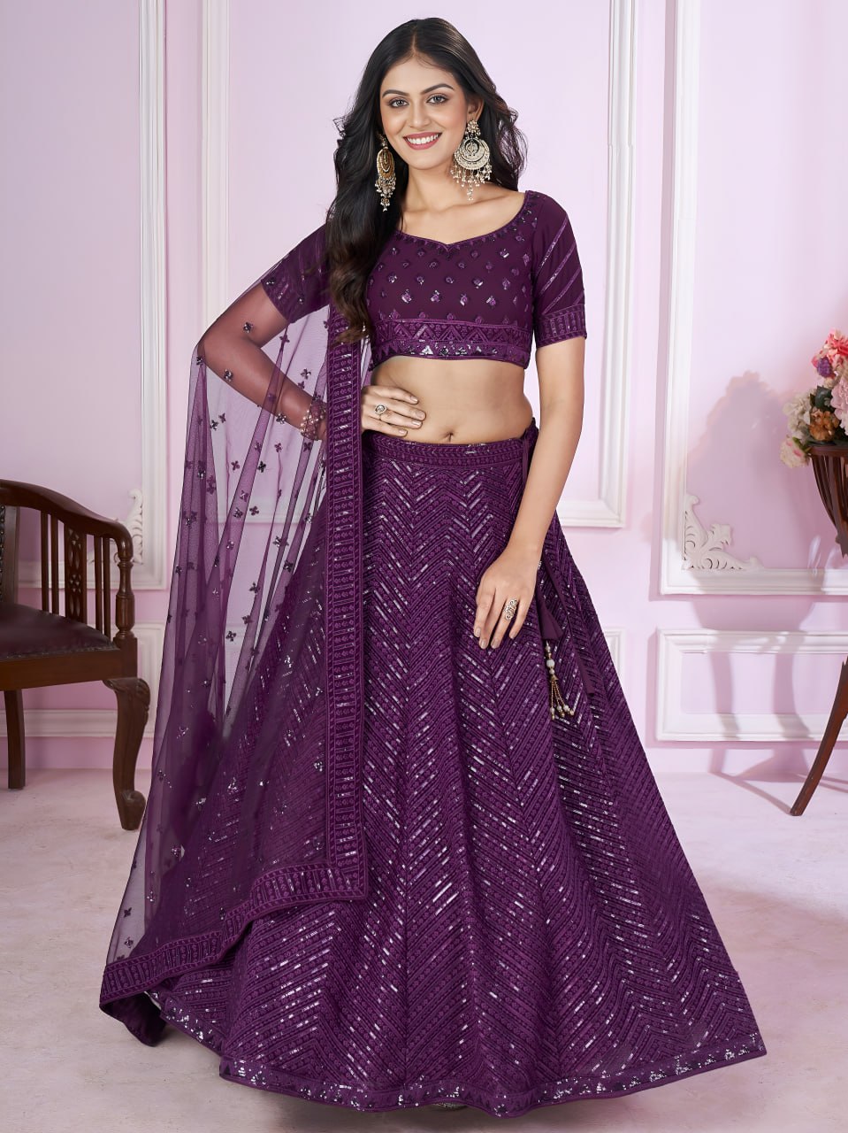 Buy Wine Purple Sequins Embroidered Lehenga Choli Online