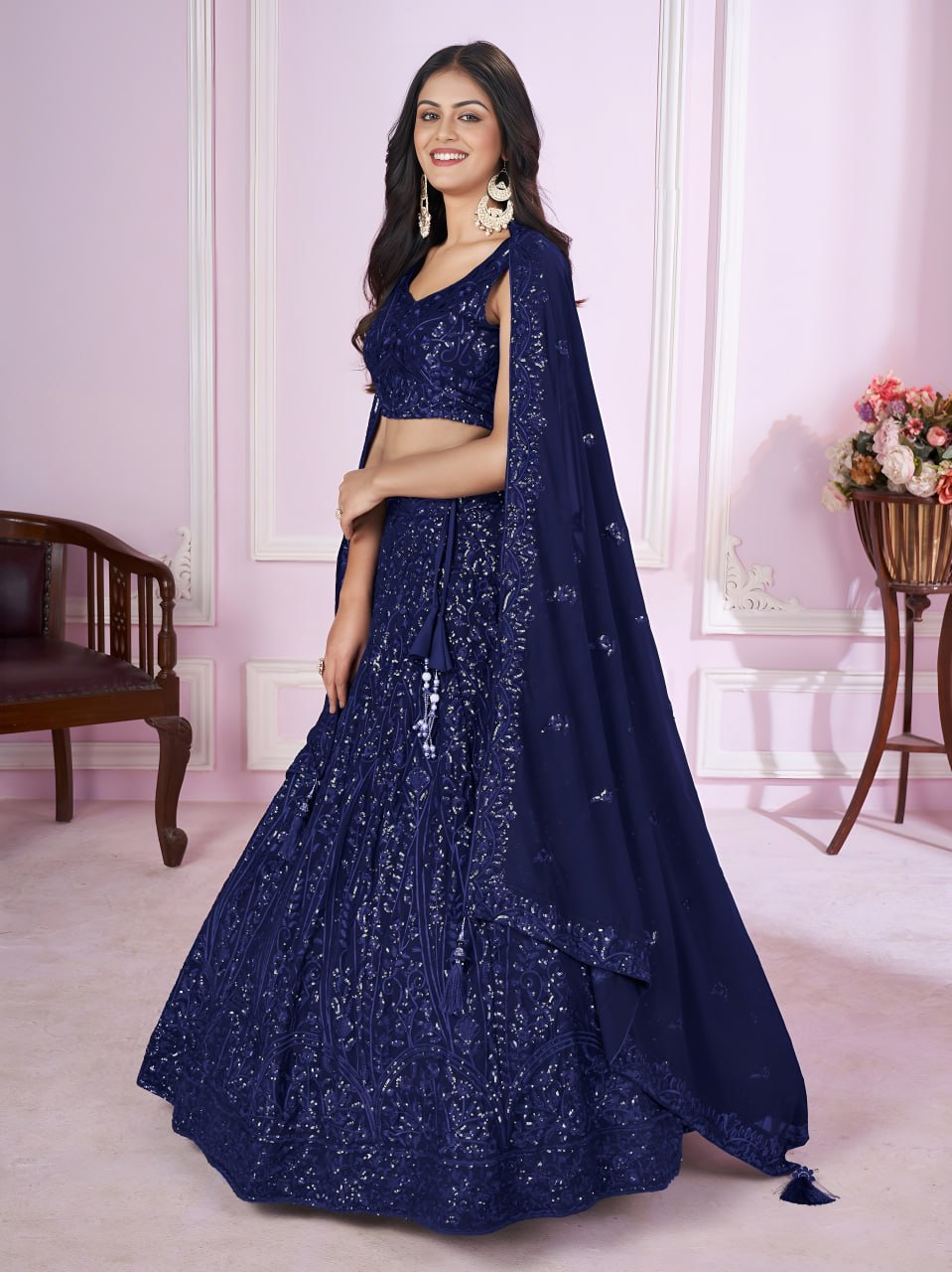 Buy Navy Blue Georgette Designer Festive Wear Lehenga Choli