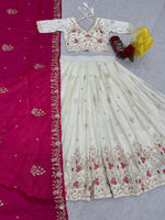 Pink And White Designer Chinon Lehenga Choli