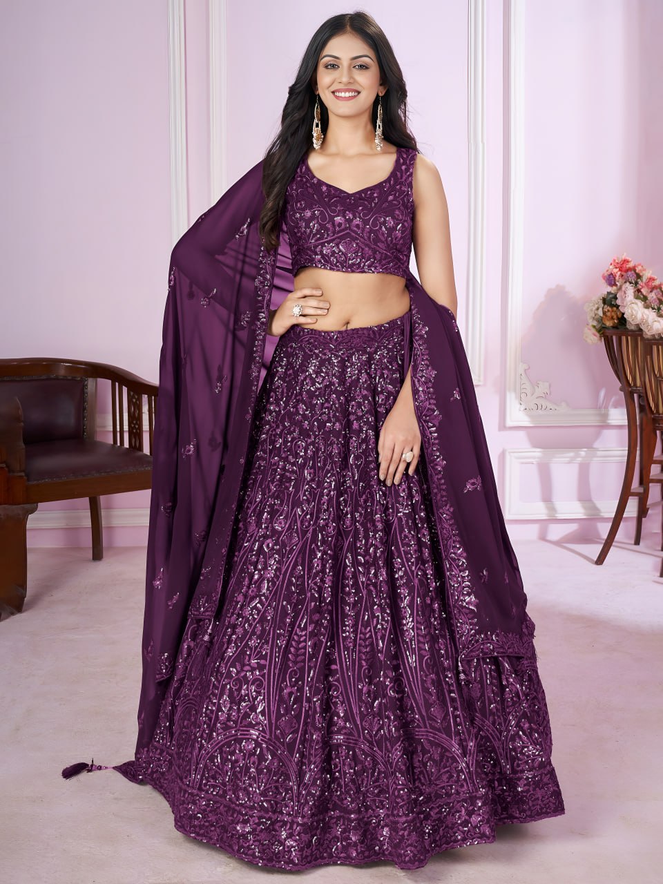 Buy Wine Purple Sequins Embroidered Designer Lehenga Choli Online