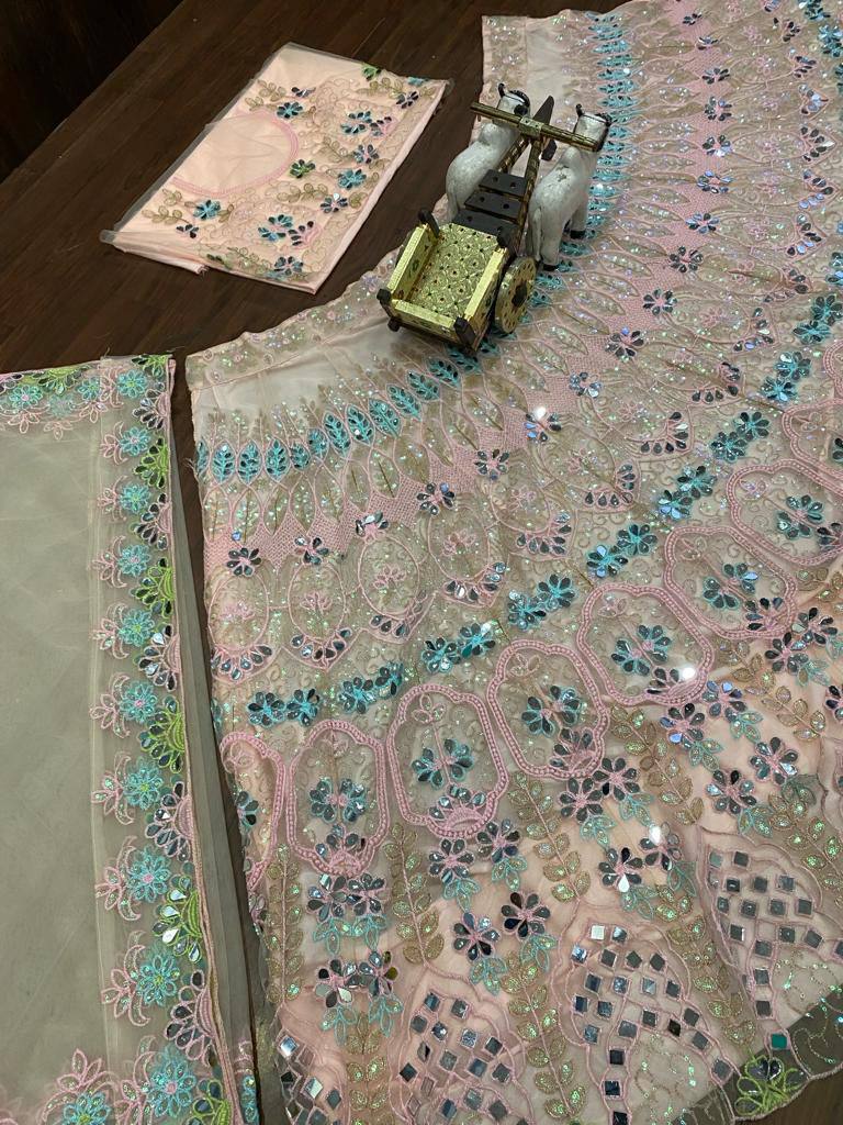 Designer Soft Butterfly Net Lehenga Choli with Real Mirror