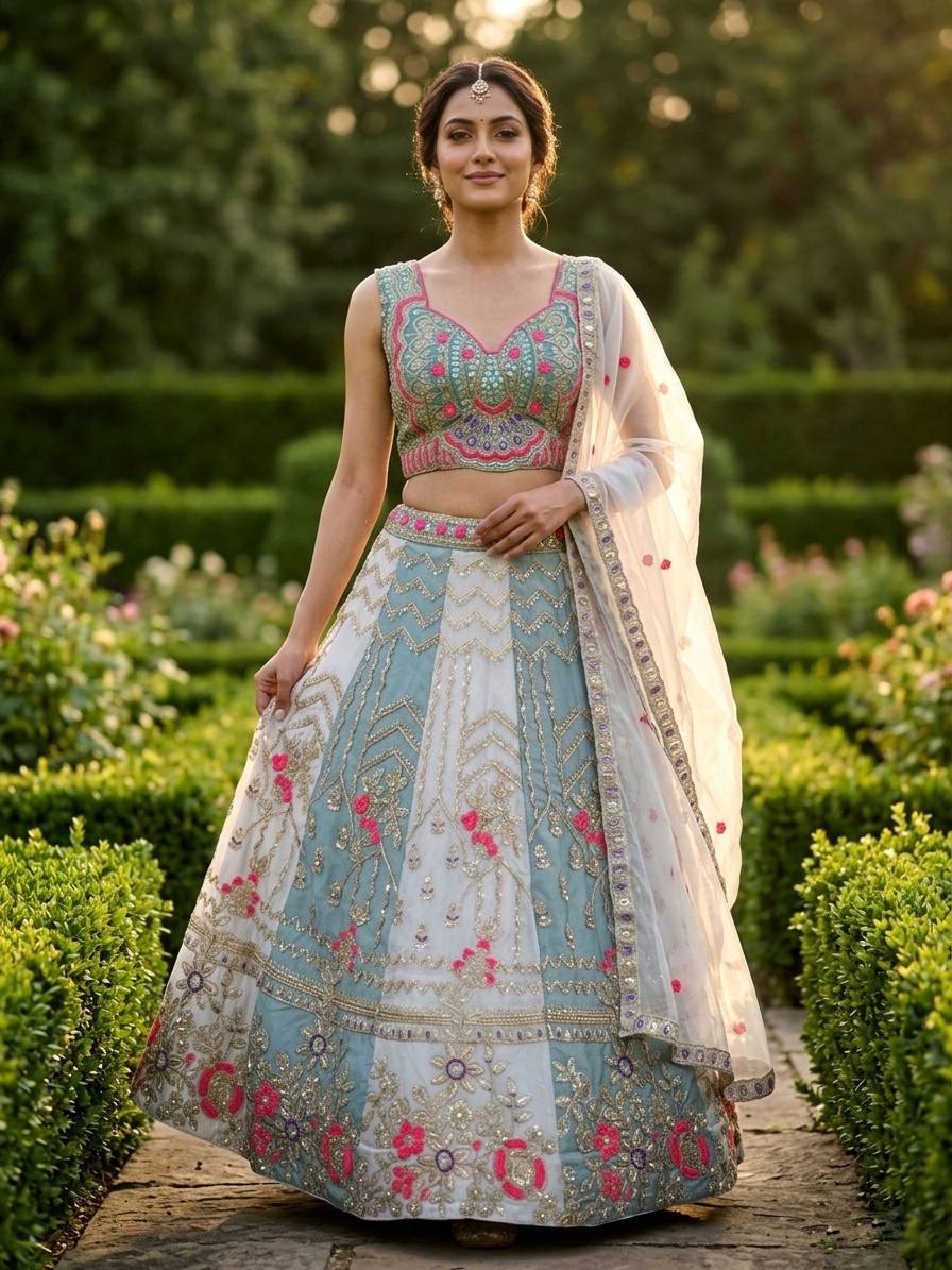 Sky Blue Premium Tabby Silk Lehenga Choli with Coding Sequins Work