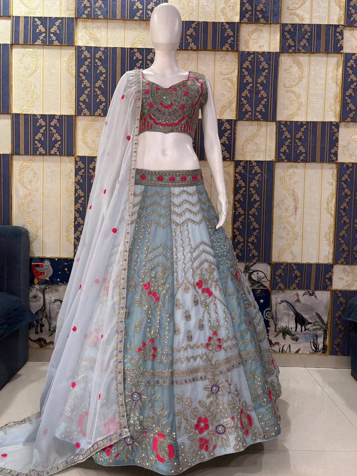 Sky Blue Premium Tabby Silk Lehenga Choli with Coding Sequins Work