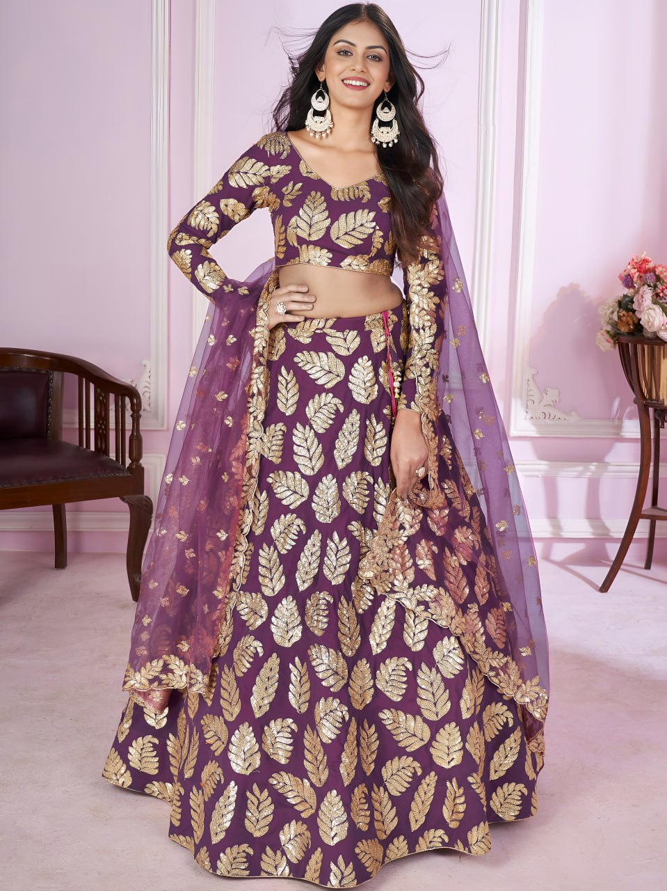 Buy Purple Georgette Lehenga Choli with Golden Sequins Leaf Work