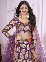 Buy Purple Georgette Lehenga Choli with Golden Sequins Leaf Work