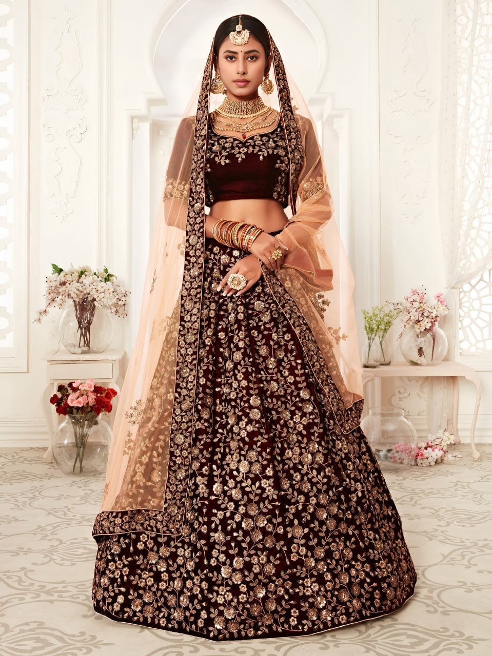 Buy Maroon Pure Velvet Bridal Lehenga Choli