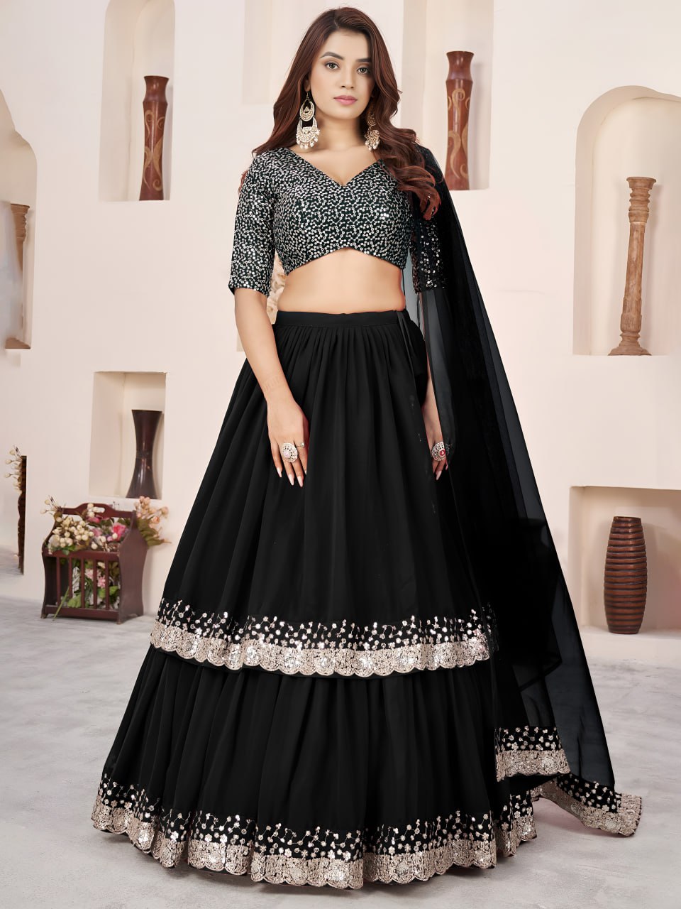 Black Sequin Designer Georgette Lehenga Set