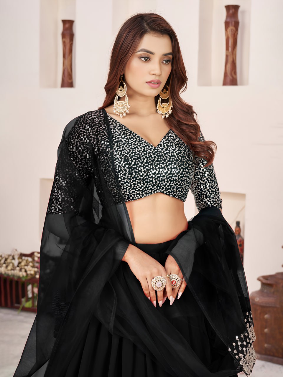 Black Sequin Designer Georgette Lehenga Set