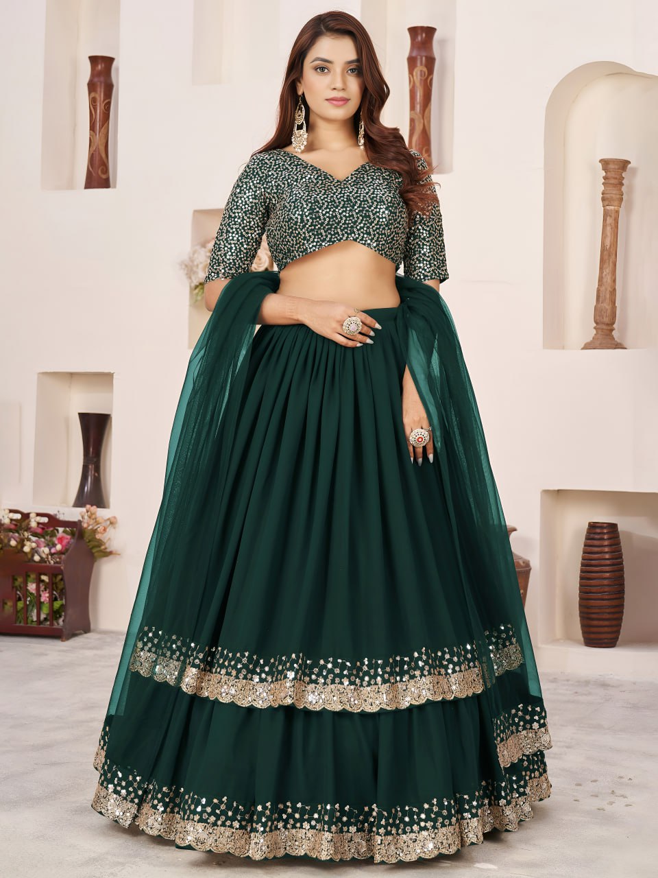 Elegant Green Sequin GeorgetteDesigner Lehenga Set