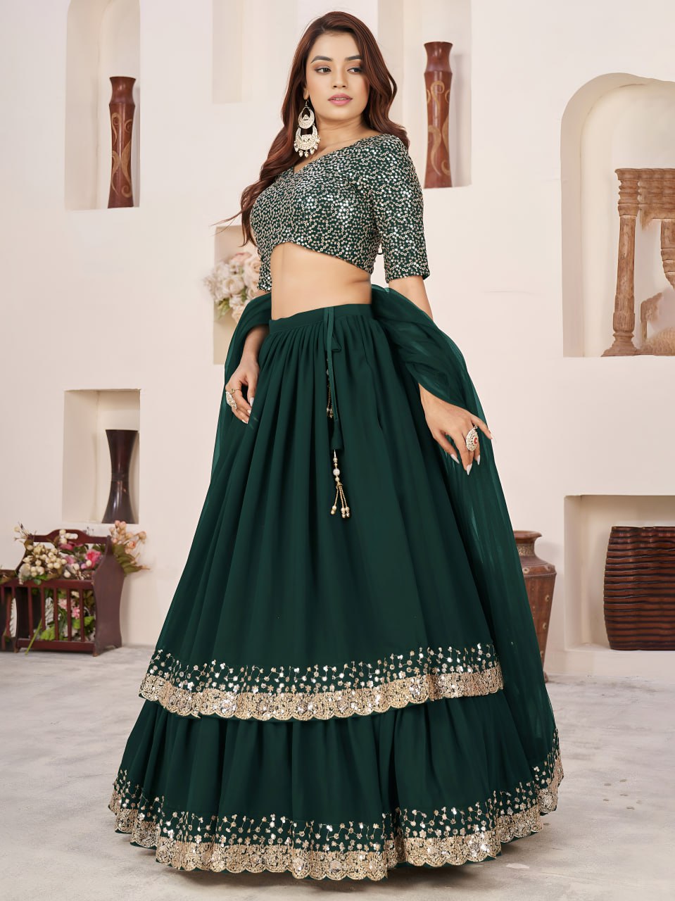 Elegant Green Sequin GeorgetteDesigner Lehenga Set