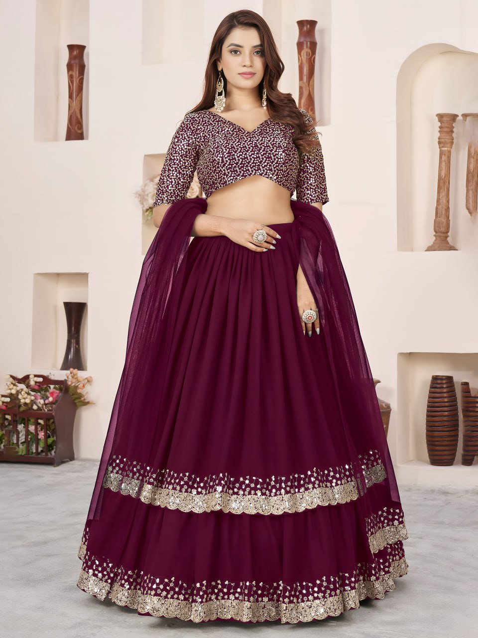 Glamorous Purple Sequin Georgette Designer Lehenga Set