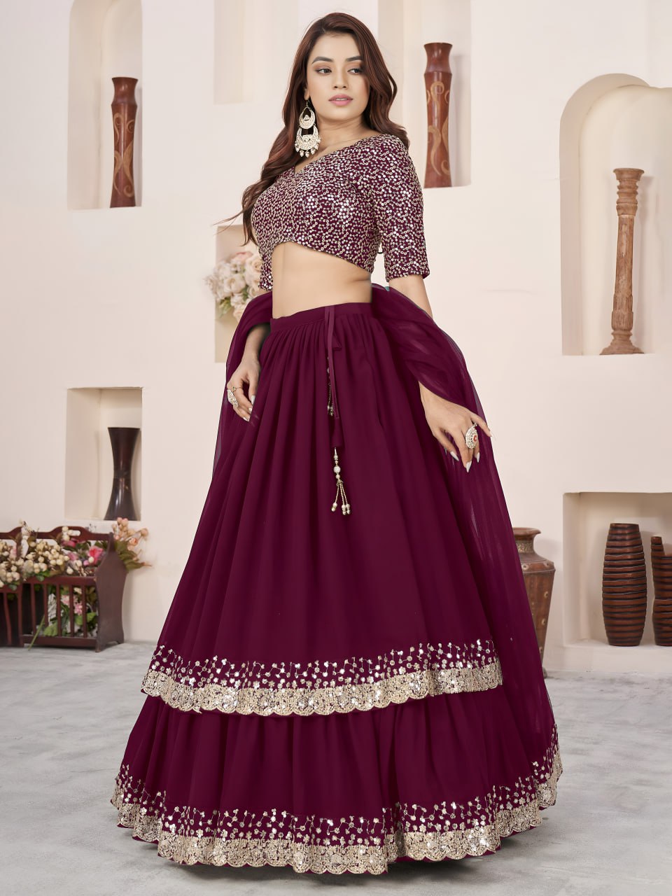 Glamorous Purple Sequin Georgette Designer Lehenga Set