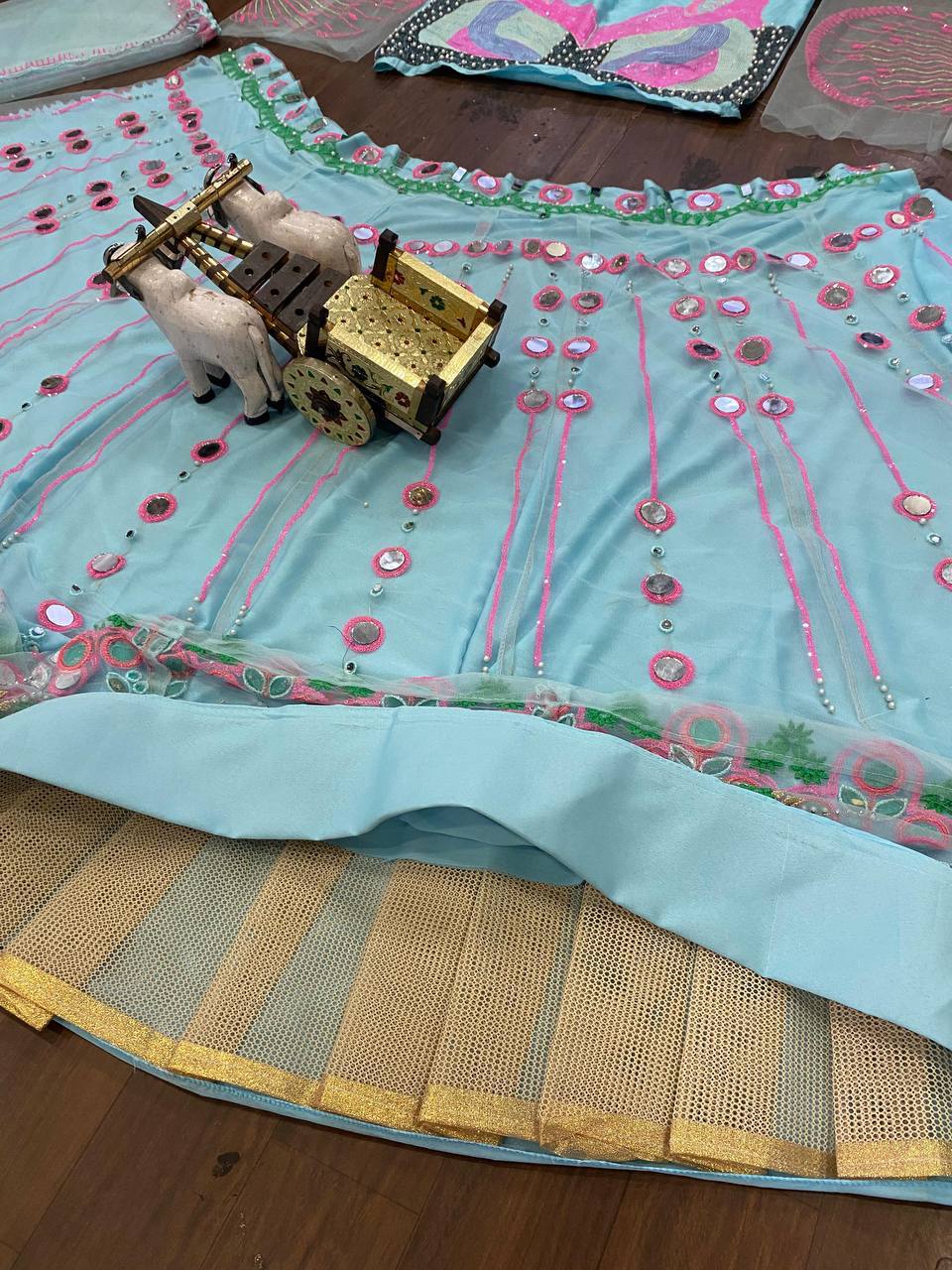 Sky Blue Butterfly Net Lehenga Choli with Real Mirror