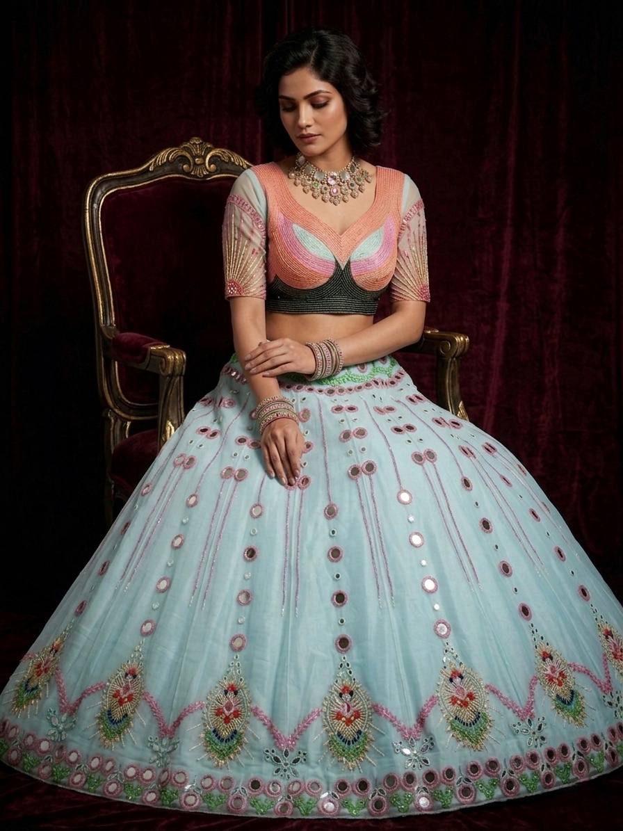 Sky Blue Butterfly Net Lehenga Choli with Real Mirror