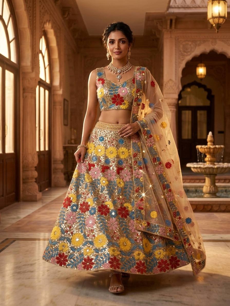 Designer Soft Mono Net Lehenga Choli with Heavy Sequins Embroidery